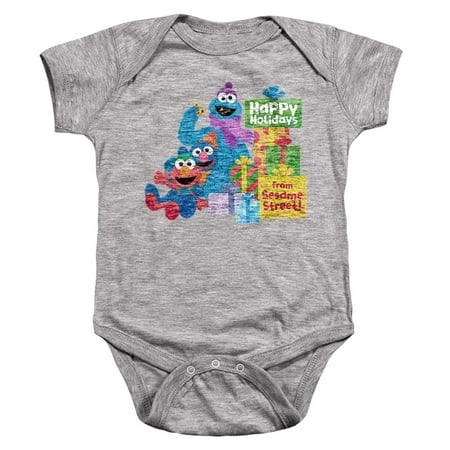Sesame Street Happy Holidays Gifts With Elmo, Grover, Cookie Unisex Infant Snap Suit for Baby, Athletic Heather, Large