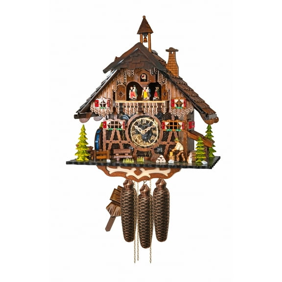 Cuckoo Clock Black Forest house with moving wood chopper and mill wheel