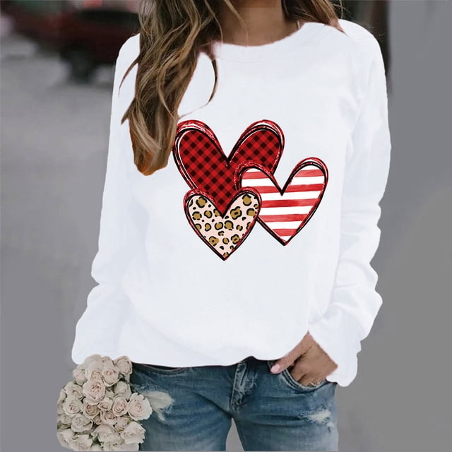 Styesk Chandails à Manches Longues pour Femmes, Imprimé de Cœur, Hauts de Sortie, T-Shirts Confortables et Doux à Col Rond, Chandail à Enfiler, Mode, Ample, Léger, Chandail en Molleton, Graphique de la Saint-Valentin, Hauts Décontractés