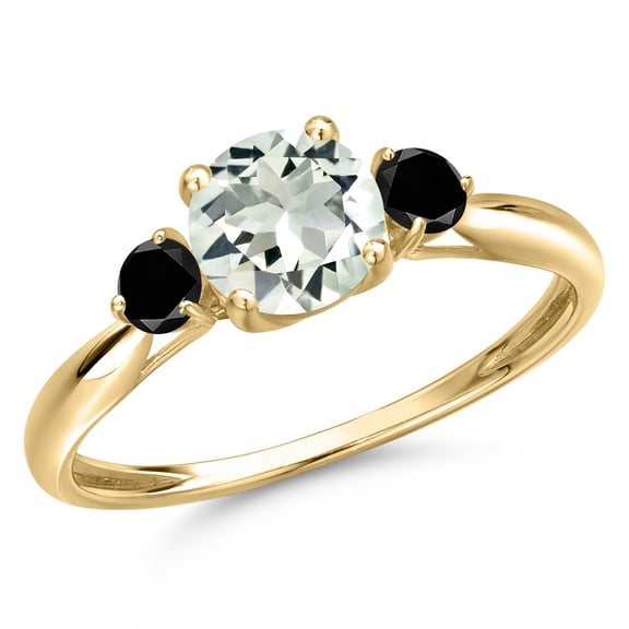 Gem Stone King 10K Yellow Gold Green Prasiolite and Black Diamond 3-Stone Ring for Women | 1.00 Cttw | Round 6MM | Gemstone Birthstone | Size 9
