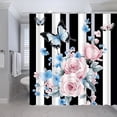 thumbnail image 3 of Floral Stripe Shower Curtain Pink Spring Watercolor Flower Butterfly Black White Stripes Rose Flowers Elegant Women Blue Nature Polyester Fabric Bathroom Curtain Sets Hooks-72"W x 86"L (Pack of 1), 3 of 7