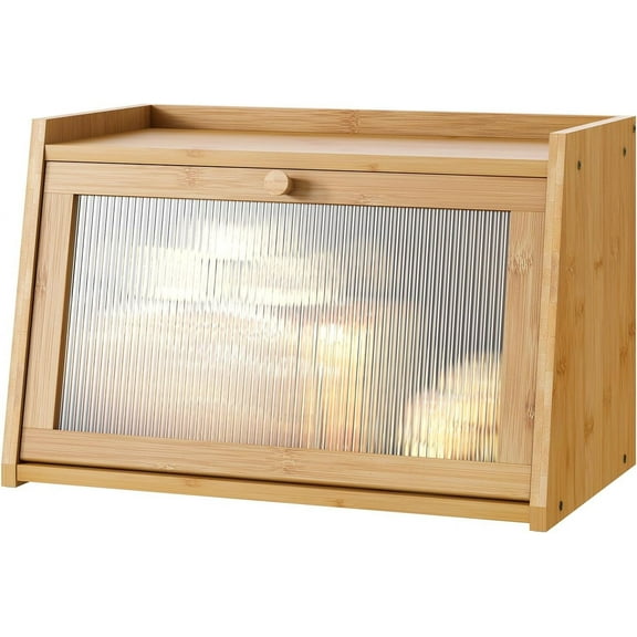 Bread Box for Kitchen Counter, Large Bamboo Bread Storage Container with Wavy Arcylic Door, Bamboo Wooden Farmhouse Bread Box for Your House (Natural, Medium)