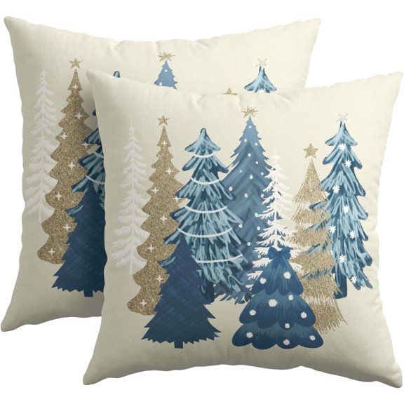 Blue Decorative Pillow Covers 16x16 Inch Set of 2 Christmas Tree Outdoor Throw Pillow Covers Winter Xmas Holiday Pillowcases Cushion Covers for Home Couch Christmas Decor