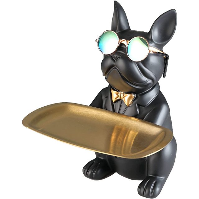 Vinbcorw Cool Bulldog Escultura Estatua Francesa con Bandeja de Acero Inoxidable Estatua Decoración de Mesa Moda Textiles para el hogar Almacenamiento de Escritorio multifunción Negro B