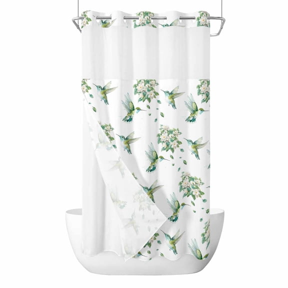 No Hook Summer Botanical Shower Curtain with Snap in Liner Set, Green Spring Floral Birds Watercolor Waterproof Fabric Bathroom Curtains with See Through Top Window, Hotel Style Small 36 x 72 Inch