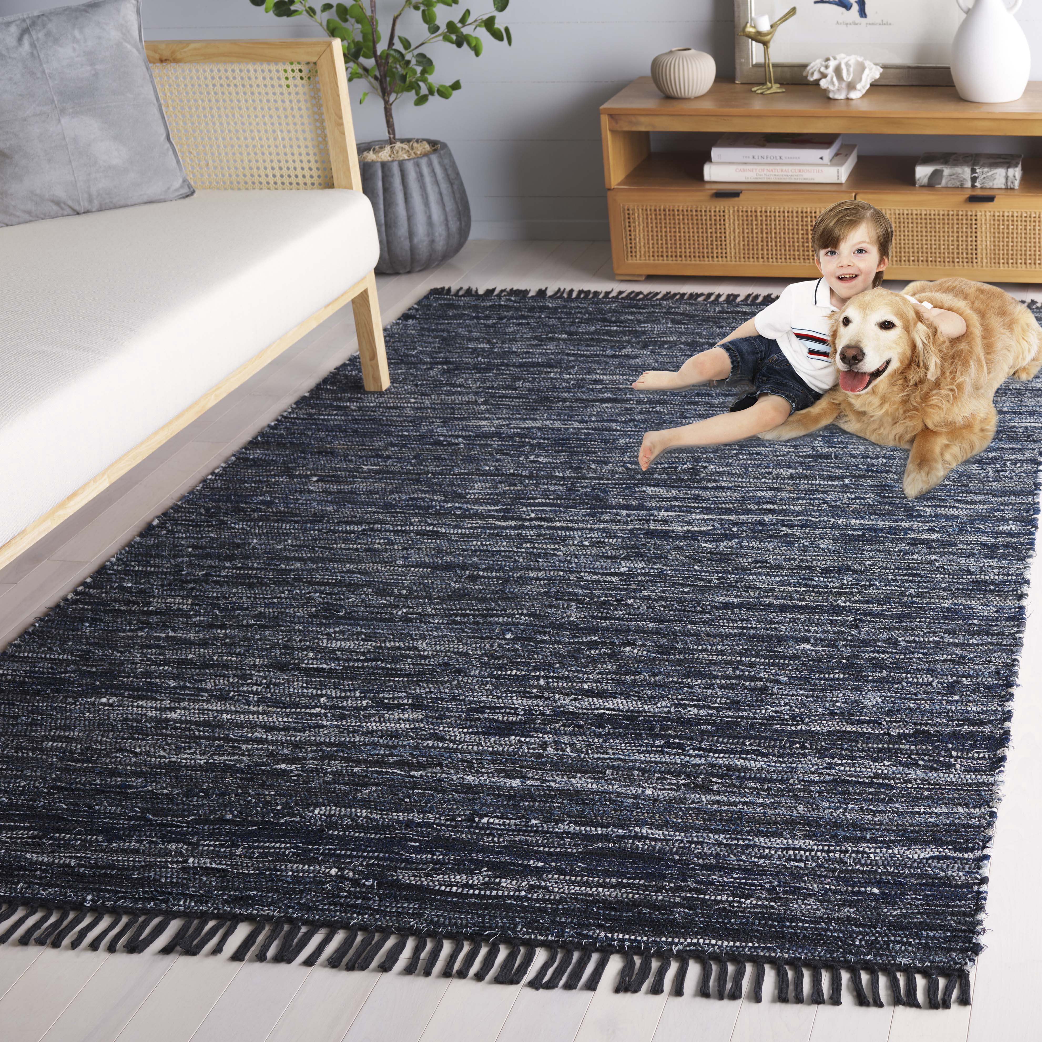 SAFAVIEH Rag Rug LACEWORK Distressed Area Rug, Navy/Black, 6' x 6' Square