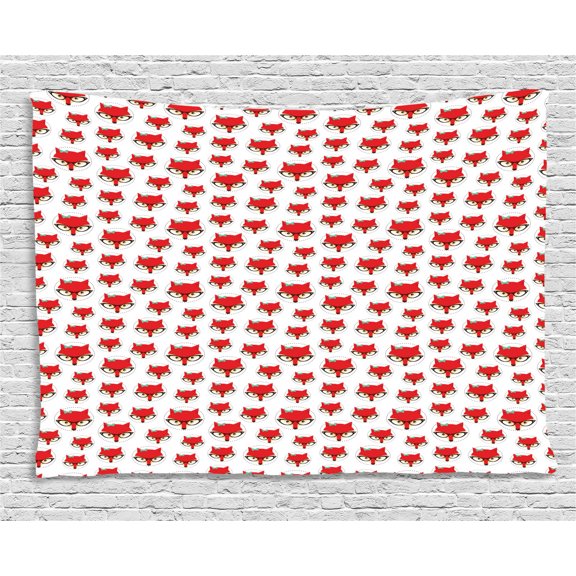 Fox Tapestry, Cartoon Hipster Red Lady Fox with Glasses and Buckle inside a Circle of Dots, Wall Hanging for Bedroom Living Room Dorm Decor, 80W X 60L Inches, Mint Green Beige Red, by Ambesonne