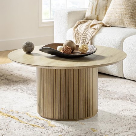 HULALA Home Round Coffee Table, Wood Coffee Table with Vertical Slat Base, Modern Coffee Table for Living Room and Lounge Room,Oak