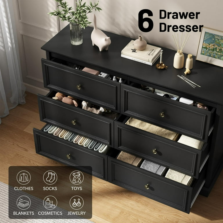 cute black dresser IDEALSOUL Black Dresser,6 Drawer Dresser for bedroom,Retro Wood Storage  Cabinet for Living Room