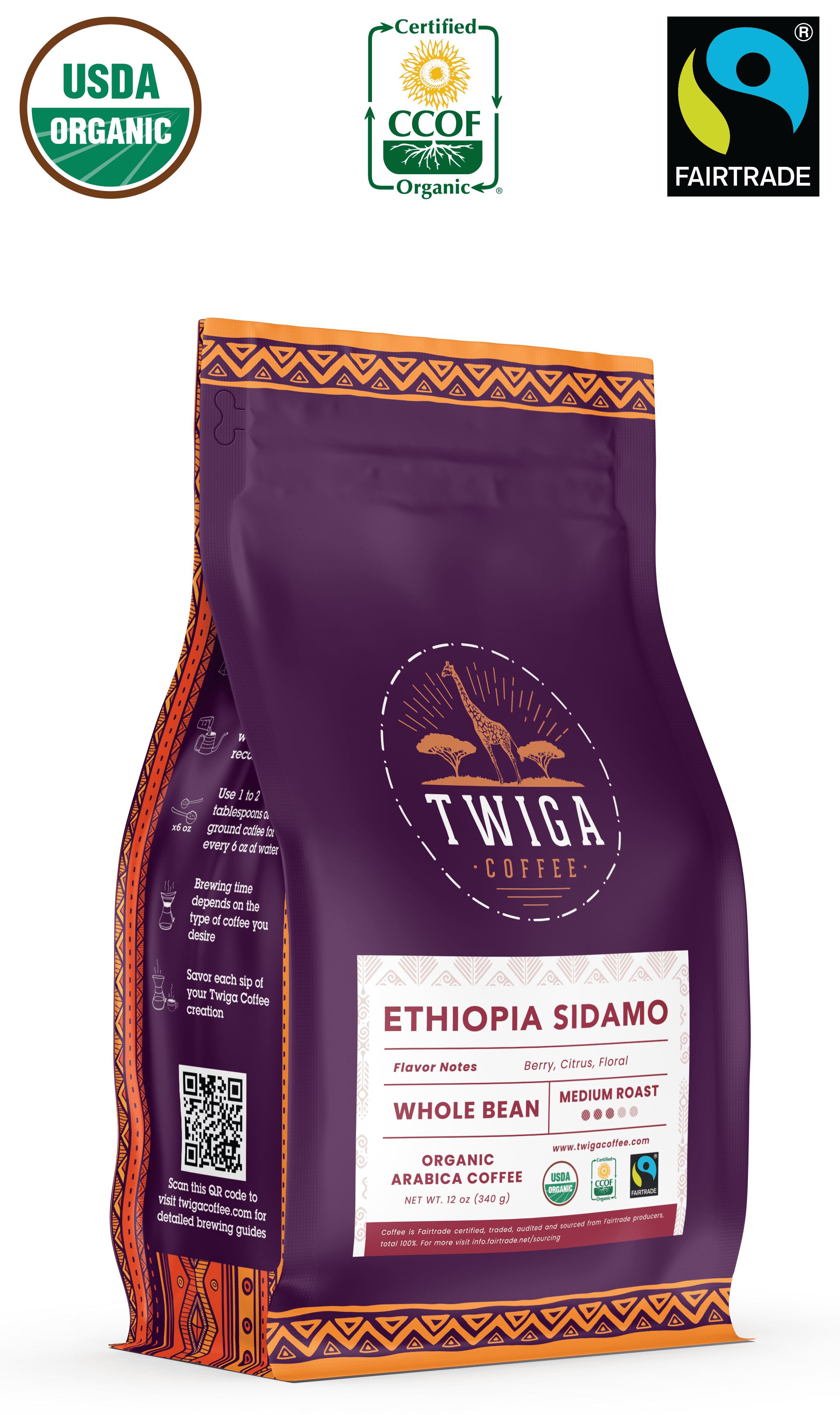 Ethiopia Sidamo Coffee | USDA Organic | Fairtrade | Medium Roast | Whole Bean | 12 oz | Twiga Coffee