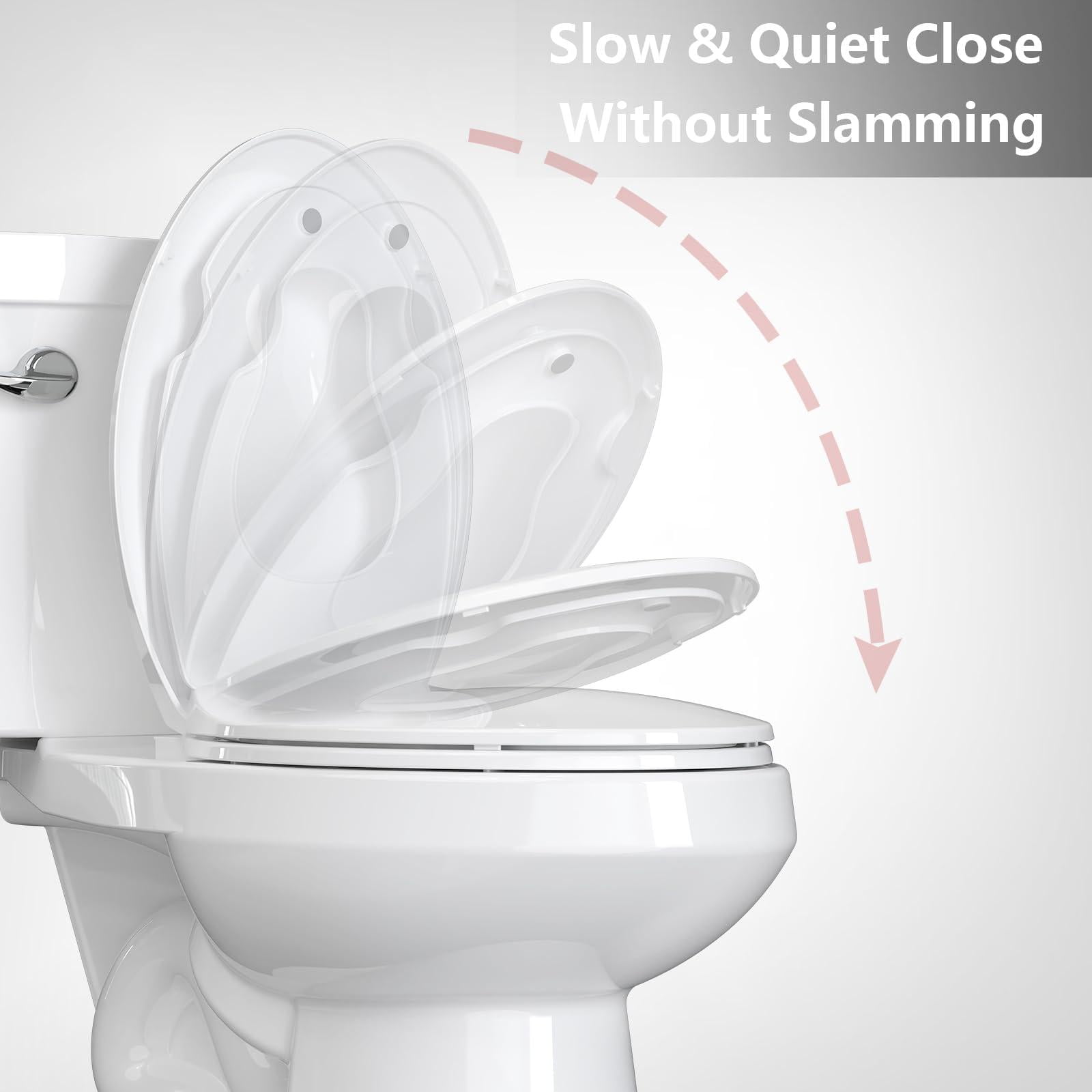 Soft Close Commercial Toilet Seat with Built-in Toddler Potty Training - Quick-Release Hinges, Durable Plastic, Mark-Resistant, Easy Clean, Fits 19" Elongated Toilets, 2 Pack, White