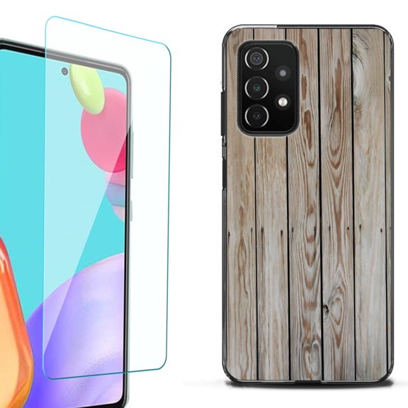 Slim-Fit Flexible TPU Gel Phone Case (black) for Samsung Galaxy A52 5G, with Tempered Glass Screen Protector, by OneToughShield ® - Wood Print