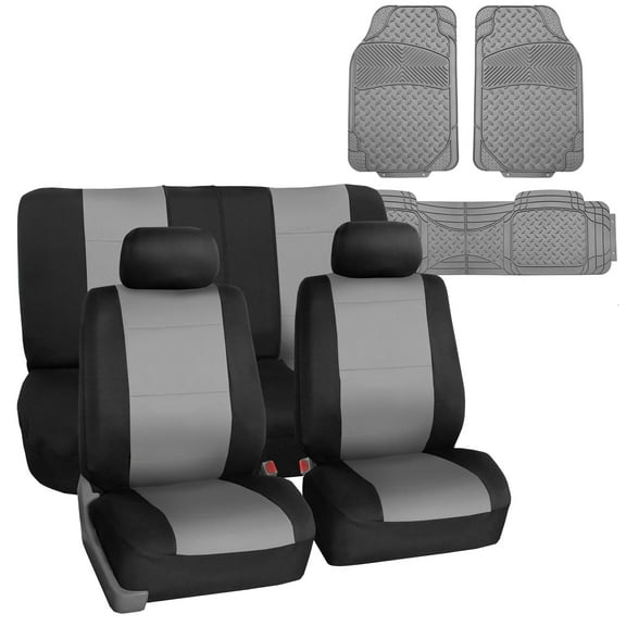 FH Group Neoprene Car Van Seat Covers Gray for Auto SUV Car Van w/ Black Heavy Duty Mats