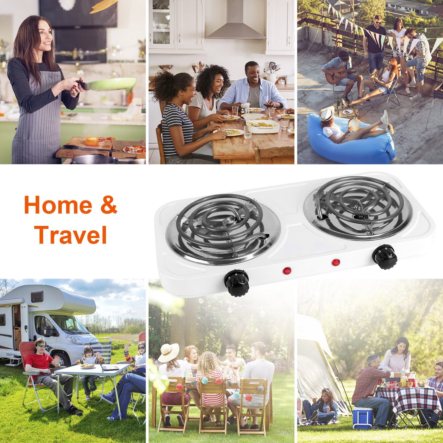 Moclever 2000W Double Burner Electric Hot Plate, Portable Coil Stove with 5 Temperature Settings, Non-Slip Feet for Countertop RV Dorm, White