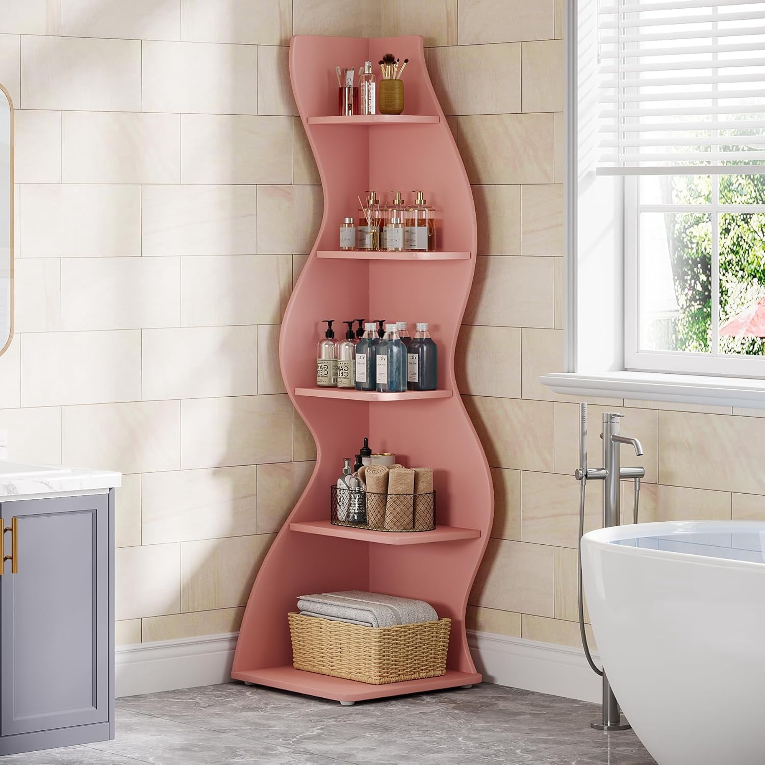 Tribesigns Modern Corner Shelf, 5-Tier Corner Bookshelf WavyBookcase for Small Space, Living Room (Pink)