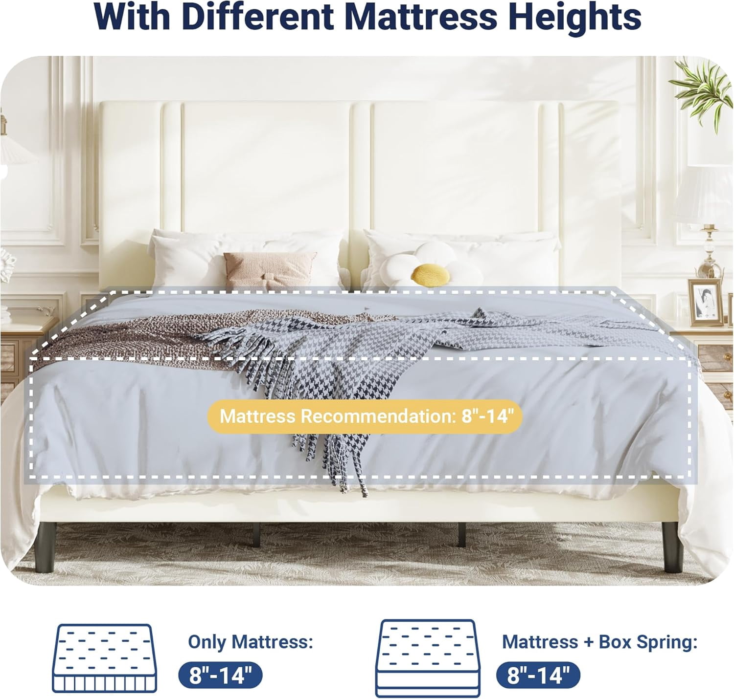 Allewie King Platform Bed Frame with Adjustable Headboard, Plush Velvet Upholstered, Vertical Channel Tufted, Sturdy Wooden Slats, No Box Spring Needed, Easy Assembly, Cream