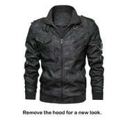 Hood Crew Mens Pu Faux Leather Jacket with Removable Hood Black S