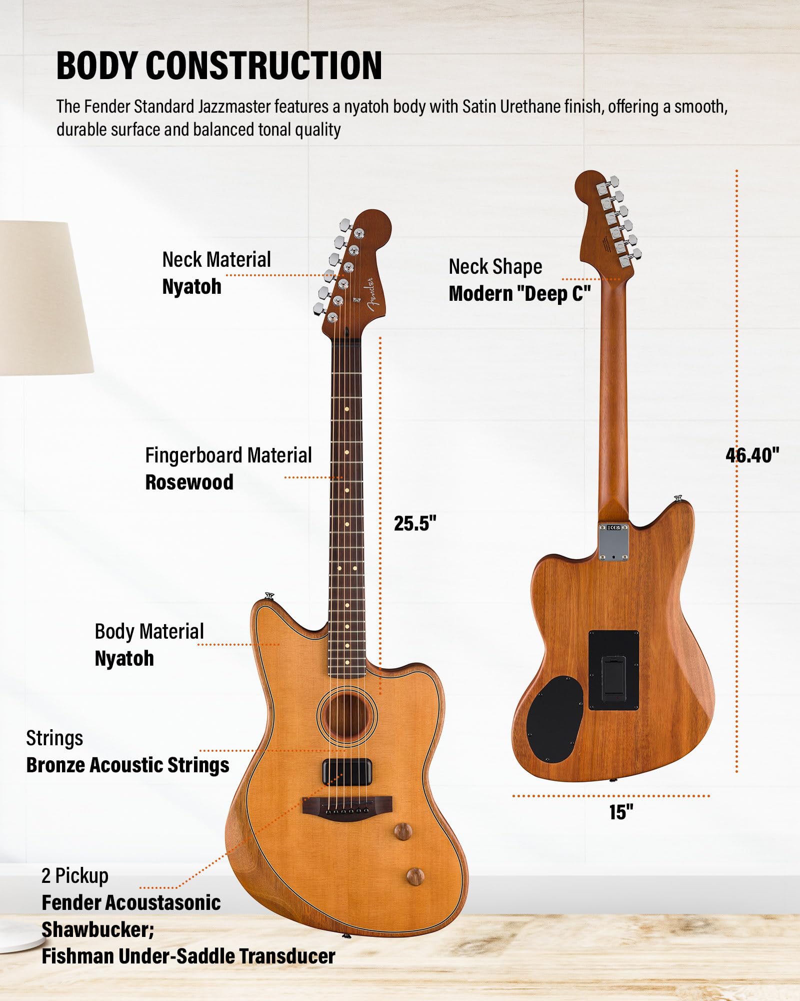 Fender Acoustasonic Standard Jazzmaster - Aged Natural Bundle with Strap, Guitar Cleaning Kit, and Austin Bazaar Instructional Video