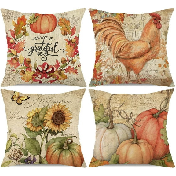 Fall Pillow Covers 18x18 Inch Set of 4 Vintage Farmhouse Fall Pumpkin Sunflower Rooster Throw Pillow Cases, Autumn Thanksgiving Grateful Decoration for Home Decor Cushion Covers