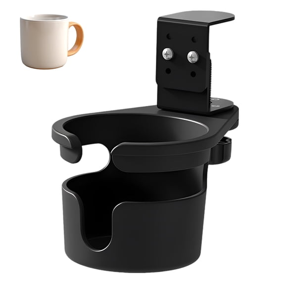 Desk Cup Holder with Clamp – No Spill, Metal Clip, 3‑Gear Adjustable, Rotating, Fits Desks Up to 2.48", Headphone Hook, Stable Hold for Mugs & Cans, 4.4" x 3.5" x 3.6"