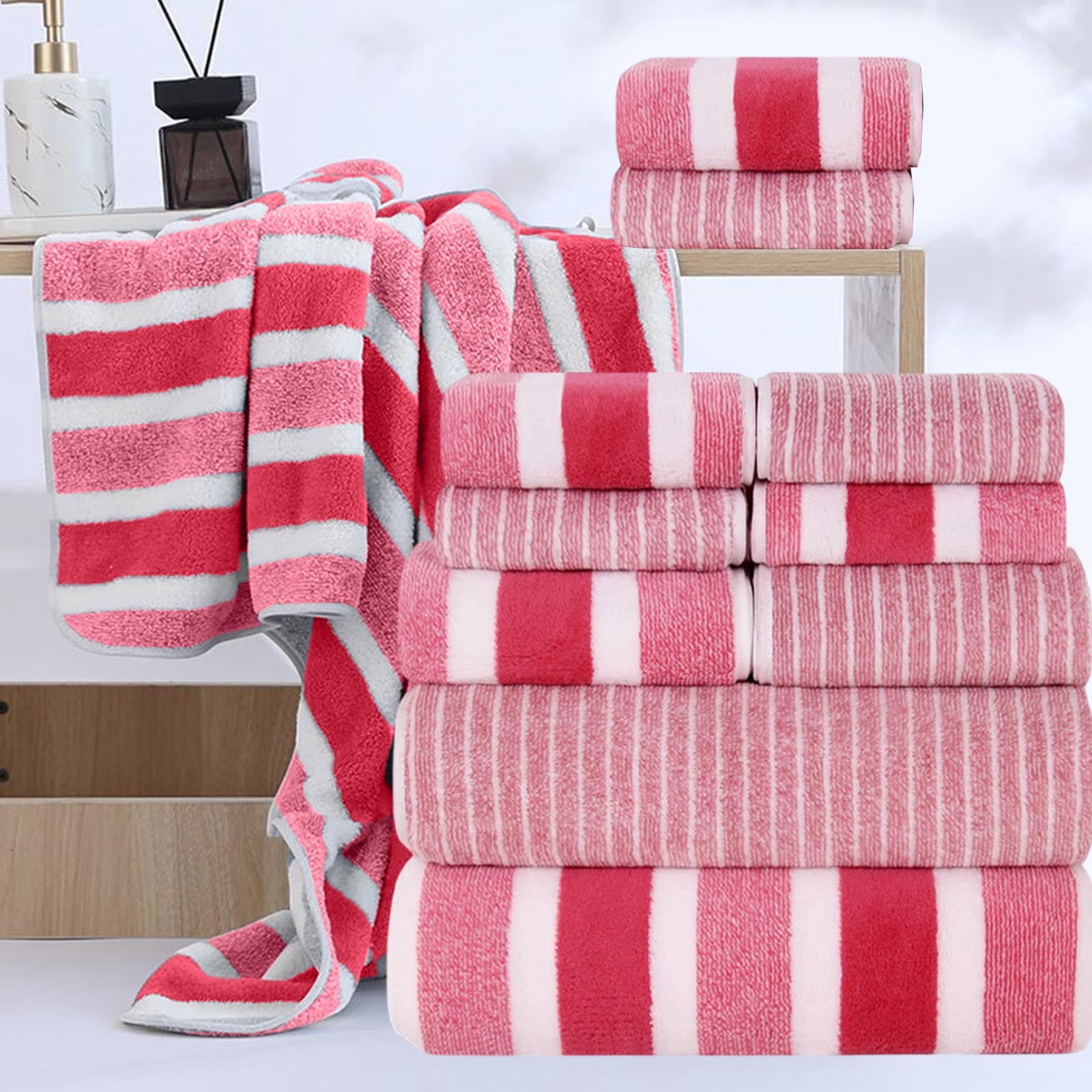 Ultra Soft Bath Towel Set 8-Piece, Velvet Wide Stripe Towel Washcloth Bath Towel, Microfiber Absorbent Quick Dry Towels for Bathroom, Spa, Gym, Pool Shower Beach (Pink)