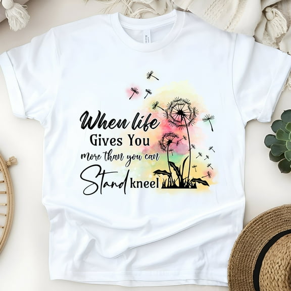 Inspirational Graphic T-Shirt with Dandelion and Faith Quote for Women, White, Size S