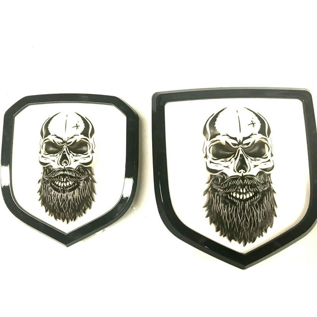 GFDYREE BooBo DR-145+120PSK-W Custom Set Beard Skull Tough Front Grille Rear TAILGATE NAMPLATE BADGE EMBLEM FIT FOR RAM 1500, 2500 AND 3500 2009-2018 (SET)