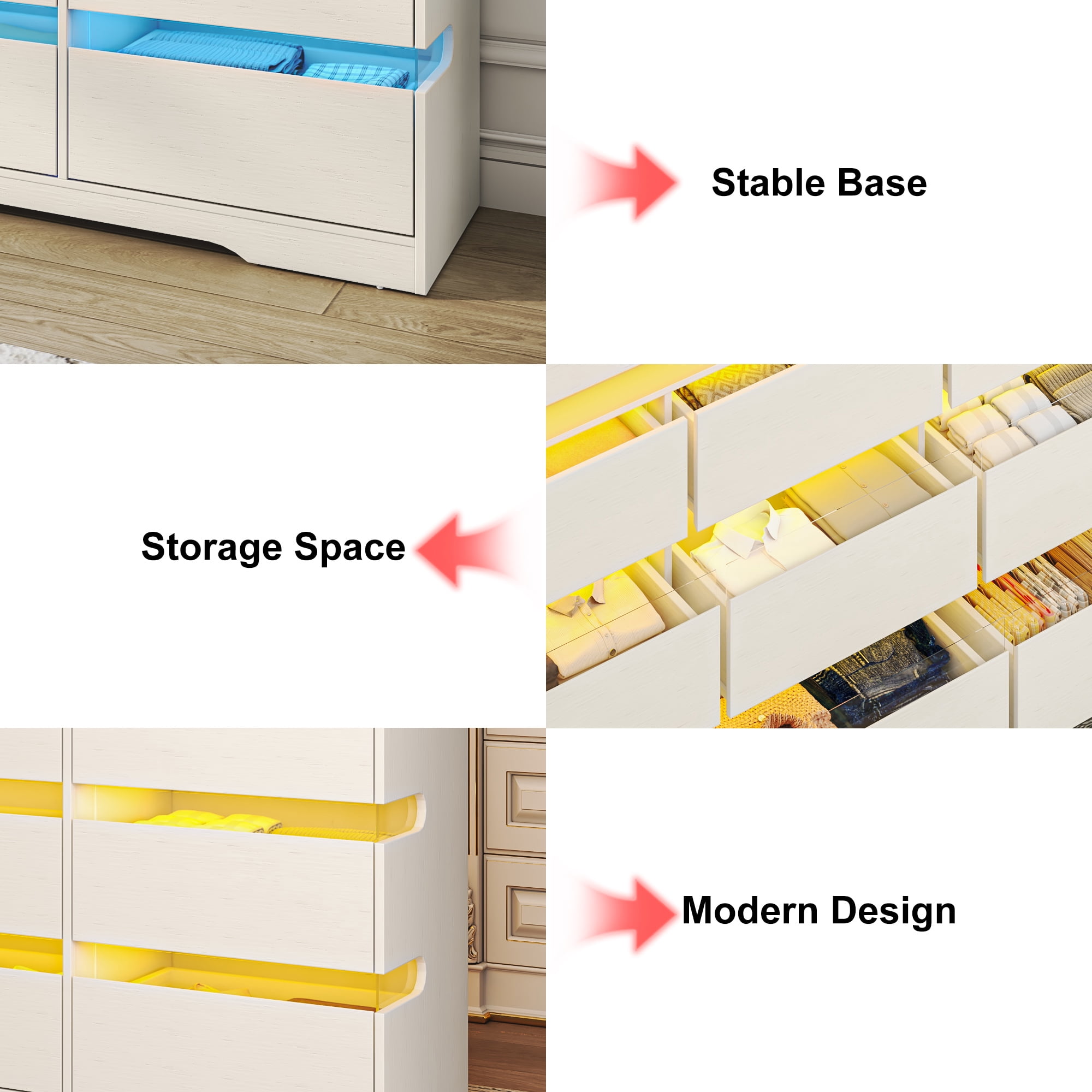 ANPOO 9 Drawer Dresser for Bedroom, 63 Inch Dresser with LED Lights and Charging Station, Wide Chest of Drawers with Large Storage, Bedroom Closet Organizer Cabinet for Living Room Entryway, White
