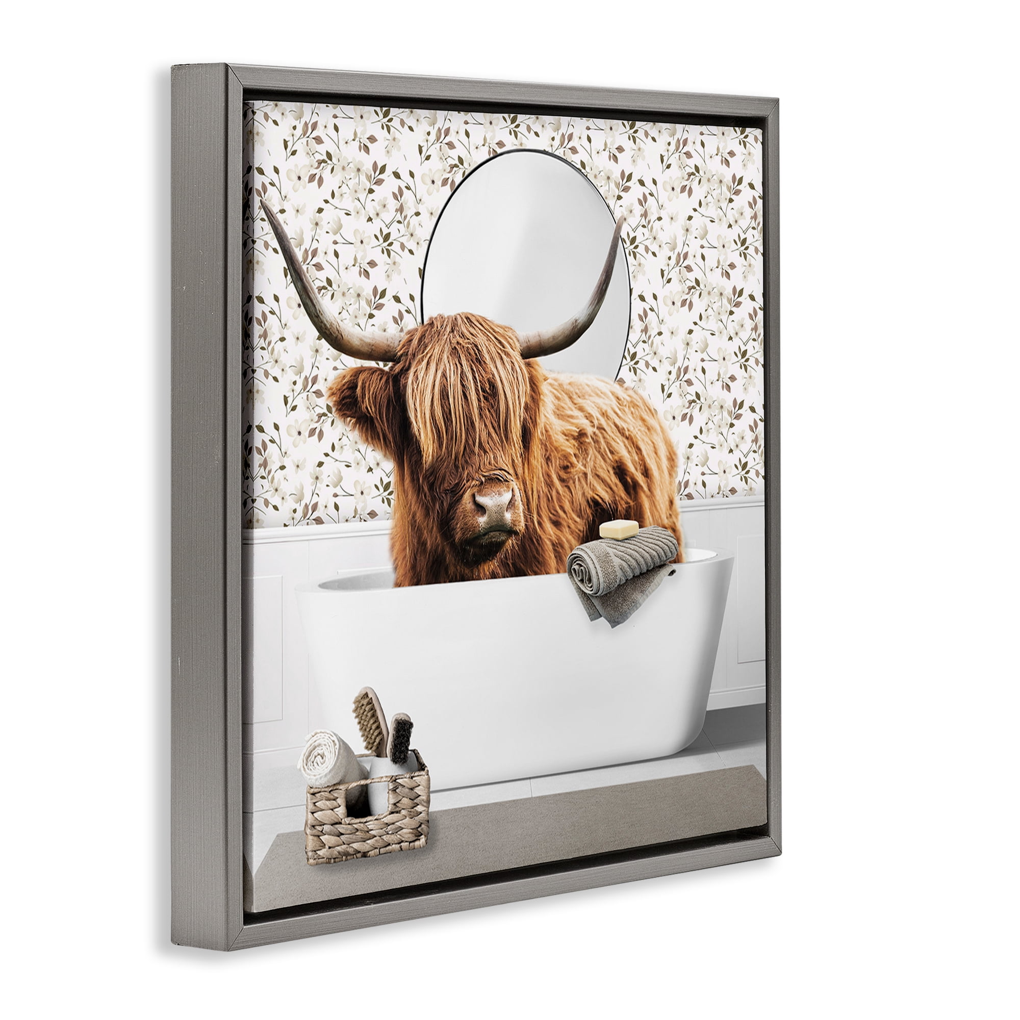 Stupell Industries Boho Cattle Bath Time Gray Framed Floater Canvas Wall Art, design by CAD Designs
