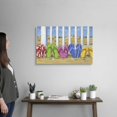 thumbnail image 3 of Cuadro decorativo lienzo pintura chanclas coloridas en arena playera valla blanca dunas mar y veleros, arte costero veraniego, decoración panorámica para sala, baño y habitación juvenil, 3 of 7
