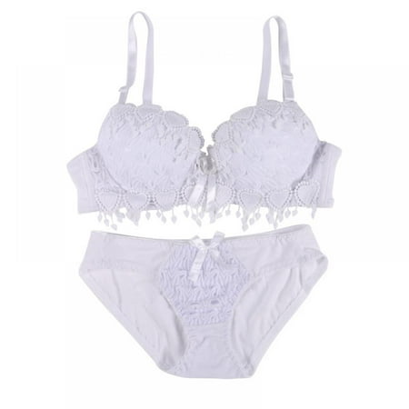 

Pretty Comy Young Women Floral Lace Push Up Bra - Cotton Breathable Bow Embroidered Lace Edge Panty - 1 Set Sexy Underwear