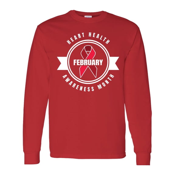 Inktastic Heart Health Awareness Month February with Red Ribbon Badge Long Sleeve T-Shirt