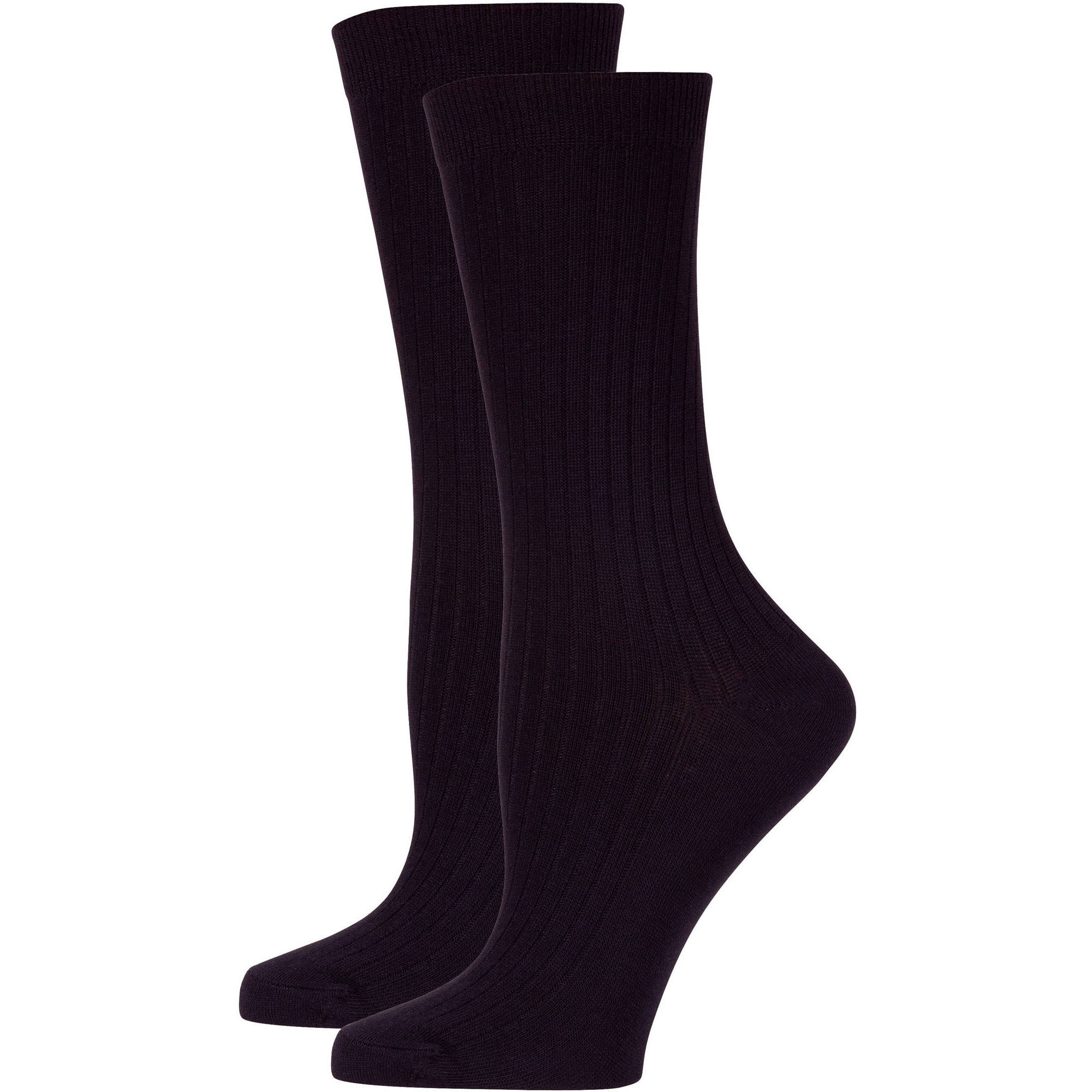 Ladies Flat Knit Ribbed Dress Crew Socks, 2 Pairs
