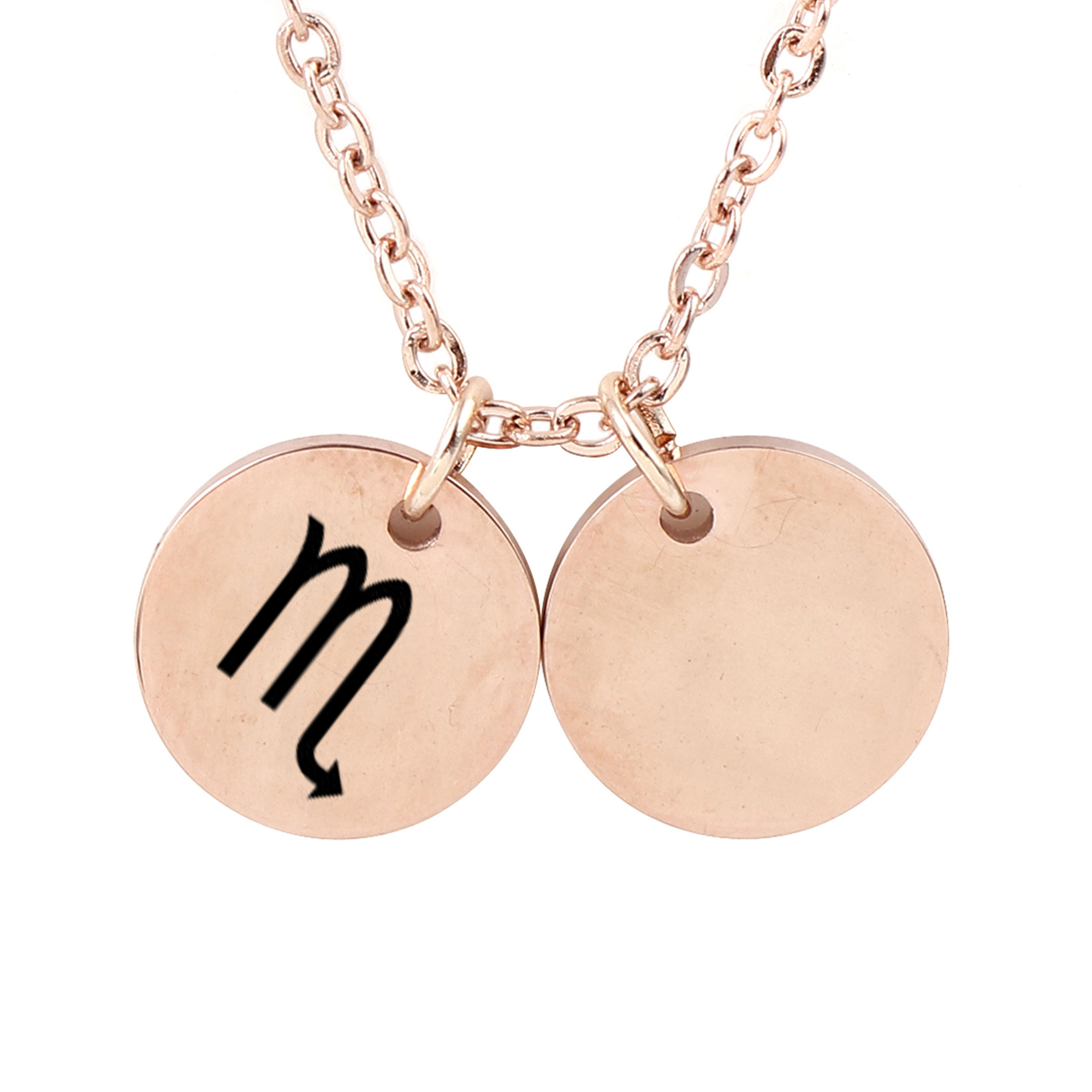 Personalized Round Constellation Initial Necklace - Engraved Zodiac Symbol Jewelry - Christmas Gift for Her - Stainless Steel - 18" Chain - Rose Gold Scorpio