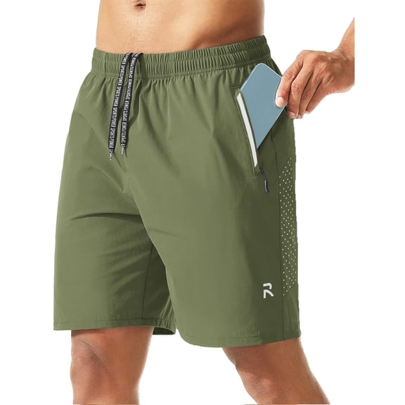 Men's Quick Dry Athletic Shorts,7 Inch Inseam Drawstring Workout Shorts with Zipper Pockets, Lightweight Breathable Running Shorts,Green,XXL