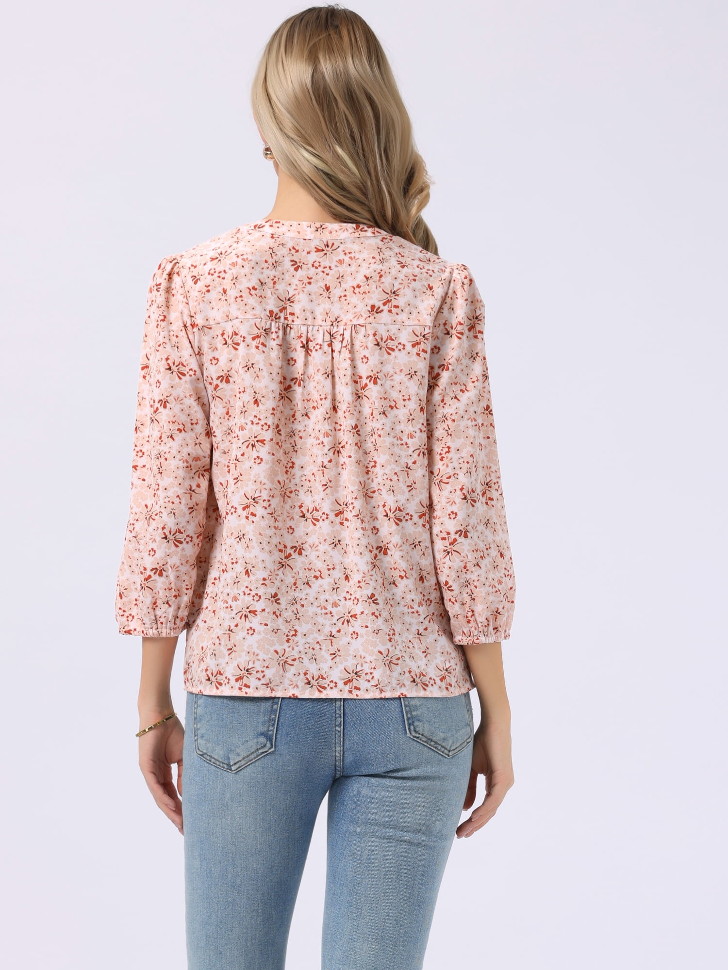 DARING DIVA Women's Floral 3/4 Sleeve Smocked Front V Neck Blouses S Light Pink