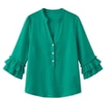 thumbnail image 4 of ClodeEU Women's V Neck 3/4 Sleeve Linen Blend Henley Button Blouse with Ruffle Cuffs ,Casual Loose Fit Vintage Top Blue,Women's Plus XL, 4 of 7