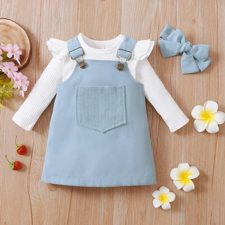 

Leonard Newborn Clothes for Girl Fashion 0-3Y Baby Girls Fall Clothes Long Sleeve Solid Jumpsuit Tops + Suspender Dress + Headband 3Pcs Outfit