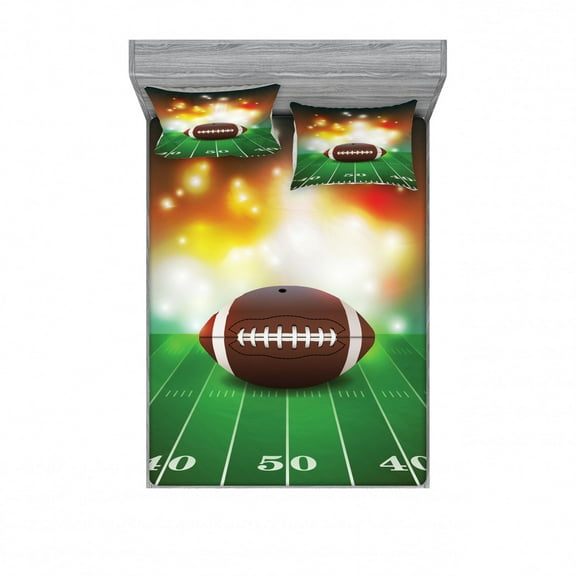 Sports Fitted Sheet & Pillow Sham Set, American Football Ball Warm Properties on Grass Turf Field Team Art Graphic, Decorative Printed 3 Piece Bedding Decor Set, Full, Brown Green, by Ambesonne