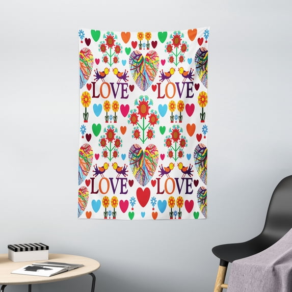 Pattern with Hearts Birds Decorative Folk Art Retro Decor Wall Hanging Tapestry