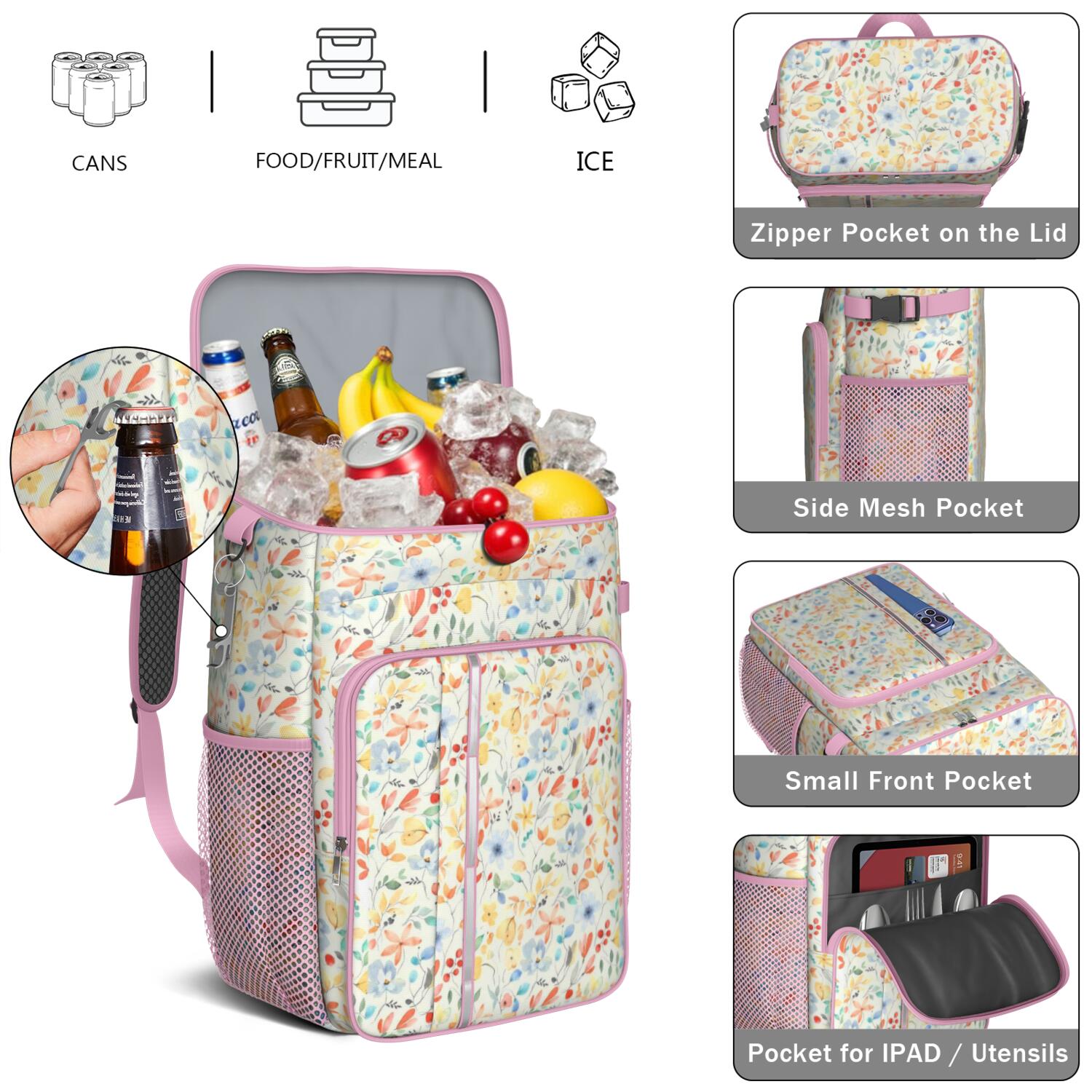 Travel Cooler Bag - Pioneer Flower Camping Beer Cooler Backpack with Bottle Opener- Waterproof Insulated Picnic Backpacks - Cooler Bag for Beach