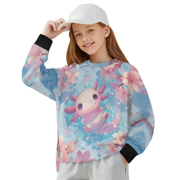 Xoenoiee Axolotl Cherry Blossom Print Girls Oversized Sweatshirt with Side Slits, Drop Shoulder Pullover Long Sleeve Crewneck Sweaters, Loose Fit Tunic Top, 5-6 Years