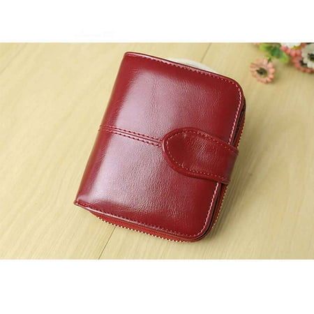 Bi Fold Short Wallet Women Solid Color Leather Wax Oil Short Wallet Buckles Zipper Bifold Coin Pocket Card Holder ()