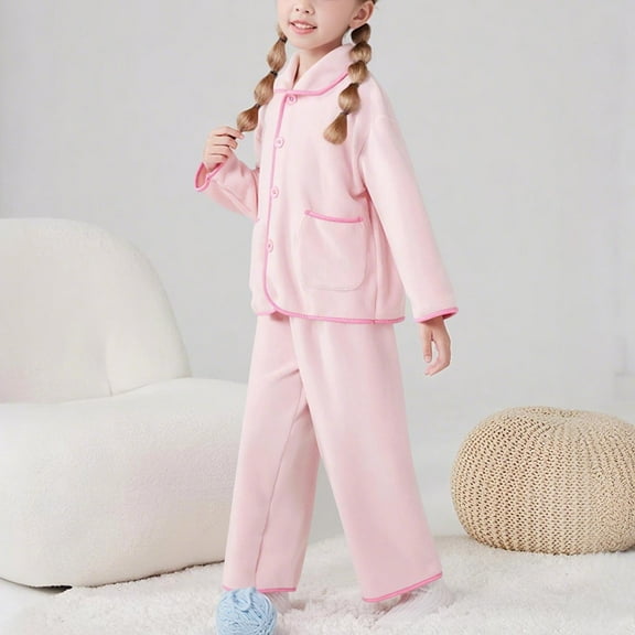 Cethrio Girls Fleece Pajama Sets, Button Down Collar Fall Winter Comfy Warm Girls' Sleepwear Pink Size 3-4 T