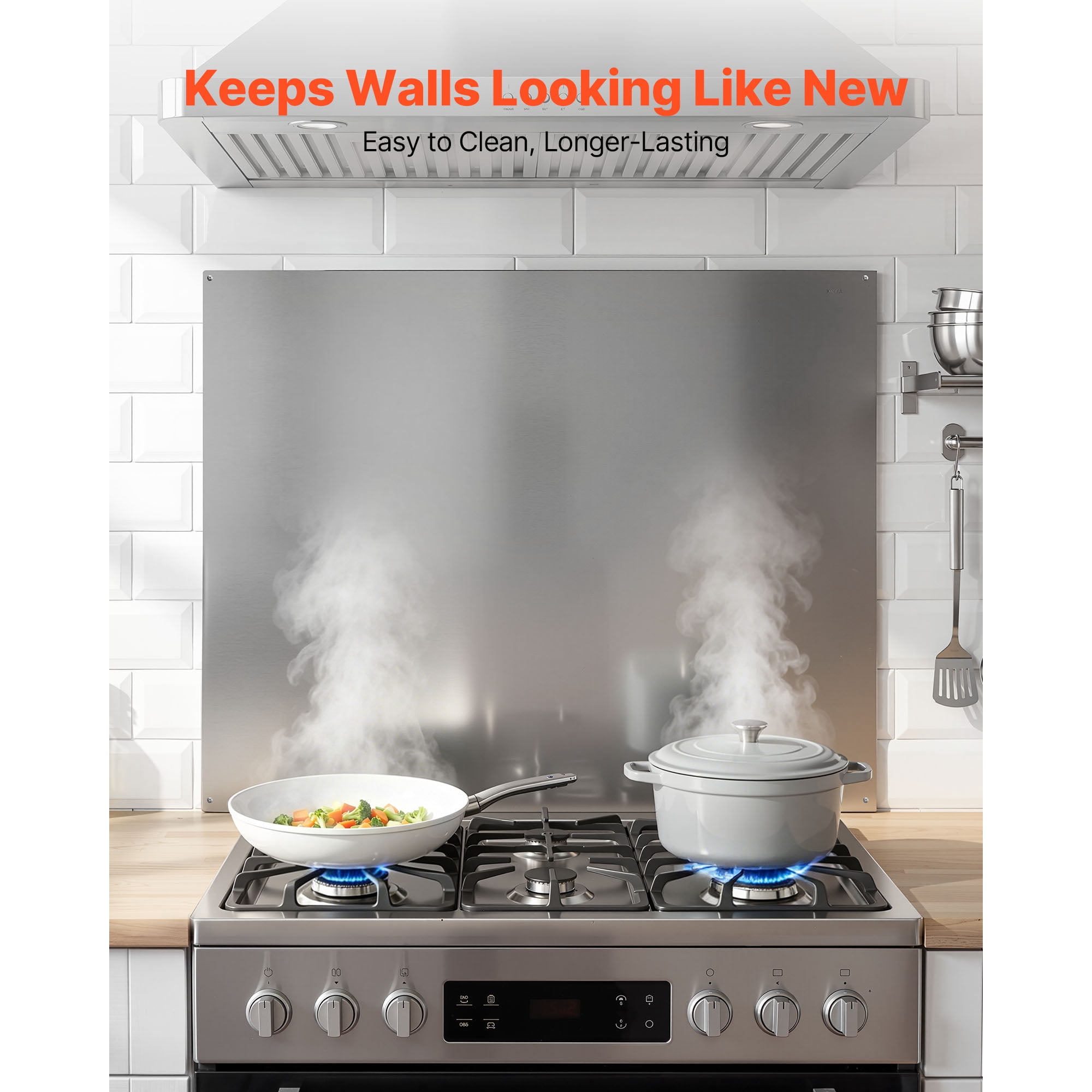 KFFKFF 30" x 24" Stainless Steel Stove Backsplash, Flat Splatter Guard, Wall Shield for Range Hood, Easy-to-Clean Kitchen Metal Panel with Pre-Drilled Holes for Simple Installation, Silver