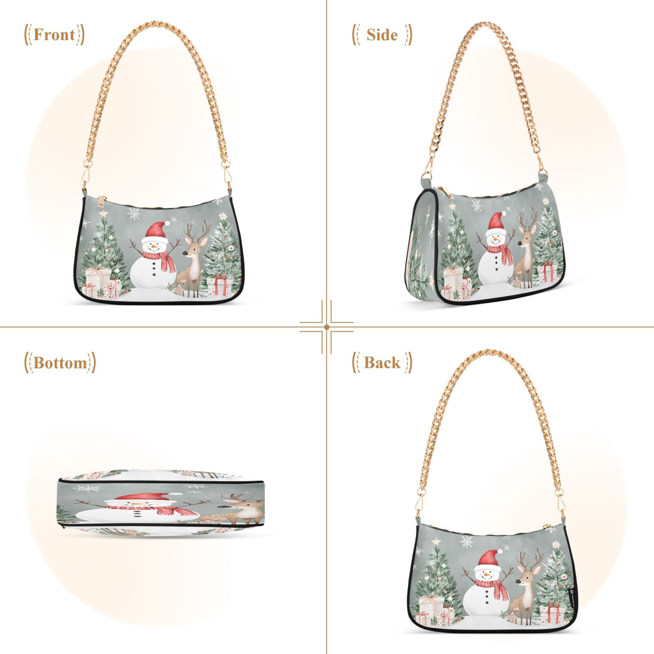 Ryvnso Snowman Deer in Christmas Womens Chain Shoulder Bag Tote Handbags Clutch Hobo Purse with Zipper for Travel