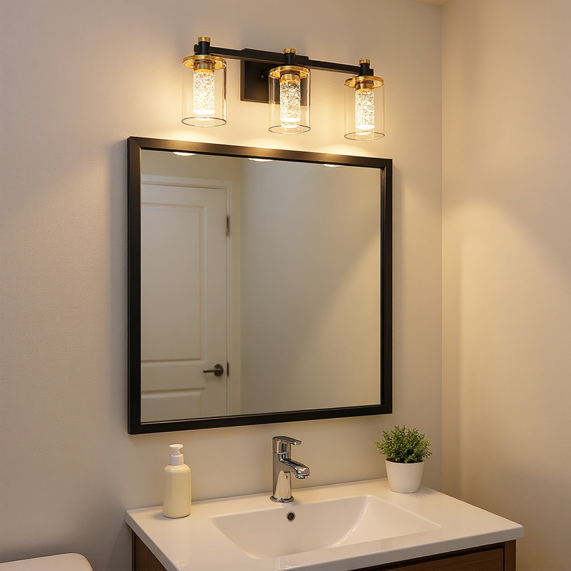 YANSUN 19.7 in Modern 3-Light Black and Gold Crystal LED Vanity Light with Clear Glass Shades, 3CCT Lighting for Bathroom, Powder Room, Vanity Table