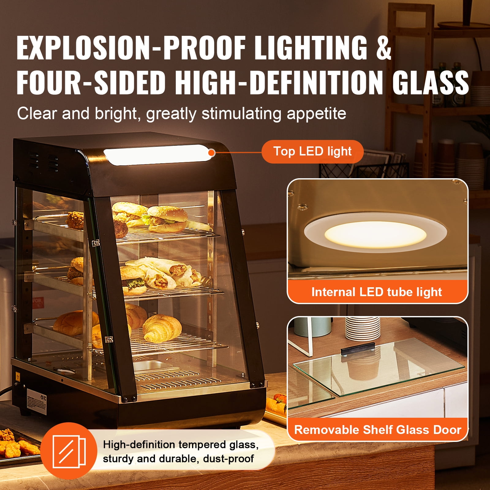 KFFKFF 3-Level Food Heating Showcase, 1000W with Illumination, Flexible Shelving & Temperature Control, 86℉~185℉ Steam Heat, 57L Capacity for Pizza, Burgers, Baked Goods, Fried Poultry