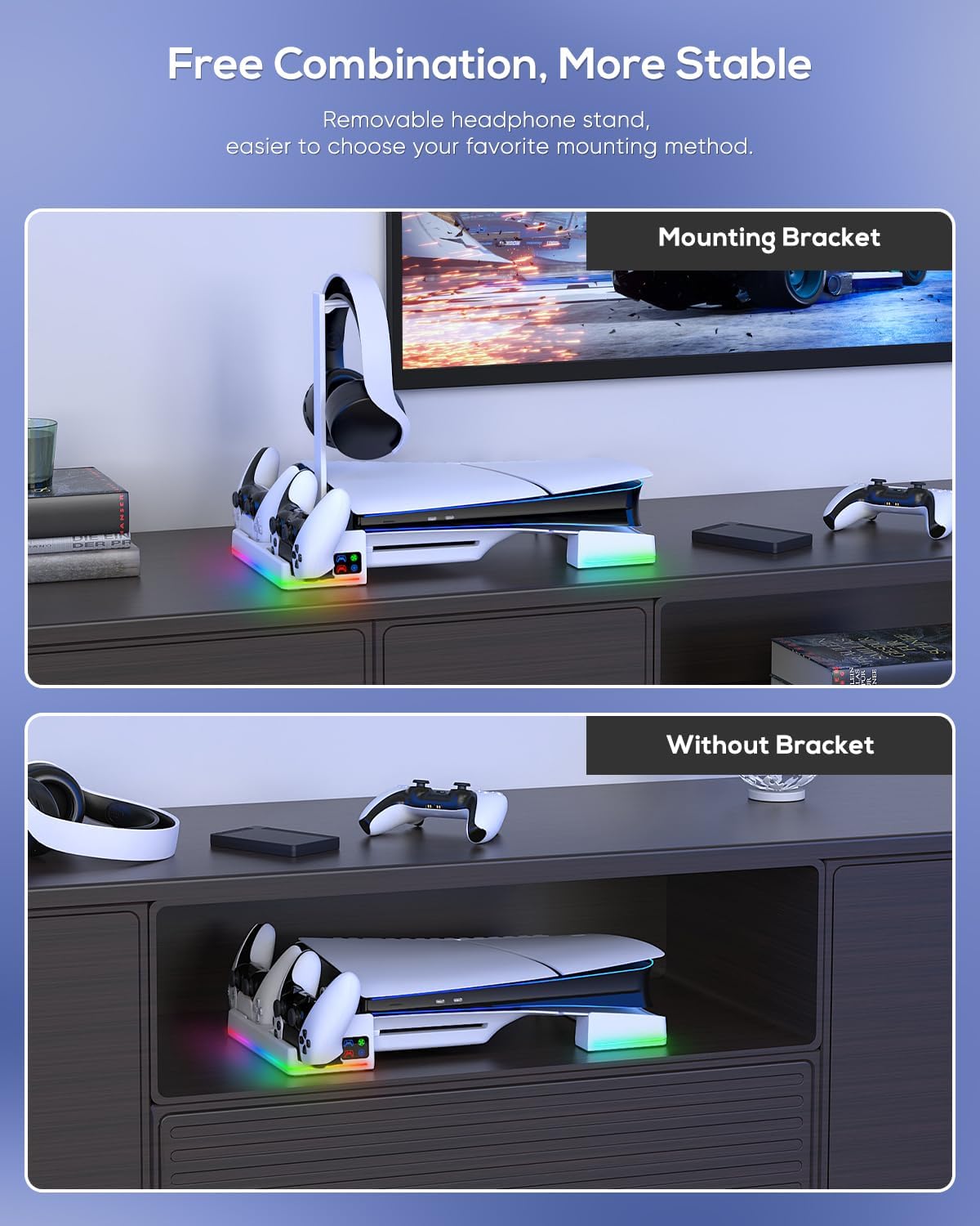 RGB Horizontal Charging Stand & Auto Cooling Fan Station for PS5 Slim Digital & Disc/PS5 PRO Digital, Dual Charger for PlayStation 5/Elite Controllers, Accessories &14 RGB Light Modes & Headset Holder