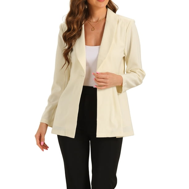 Blazer de cuello INSPIRE CHIC para mujer, chaqueta de oficina con peplum, cintura con lazo, de manga larga y botones, color beige, talla M